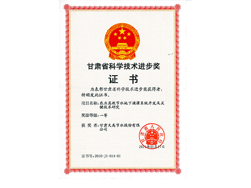 甘肃省科学手艺前进一等奖 - 声誉资质 - 关于威廉希尔williamhill - 农业,高效,节水,地下,滴灌,系统,开发,要害